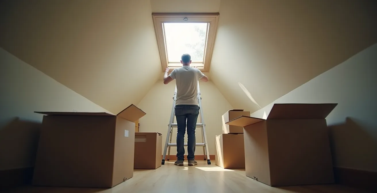 Vue grand angle d'un propriétaire installant une échelle temporaire pour accéder aux combles