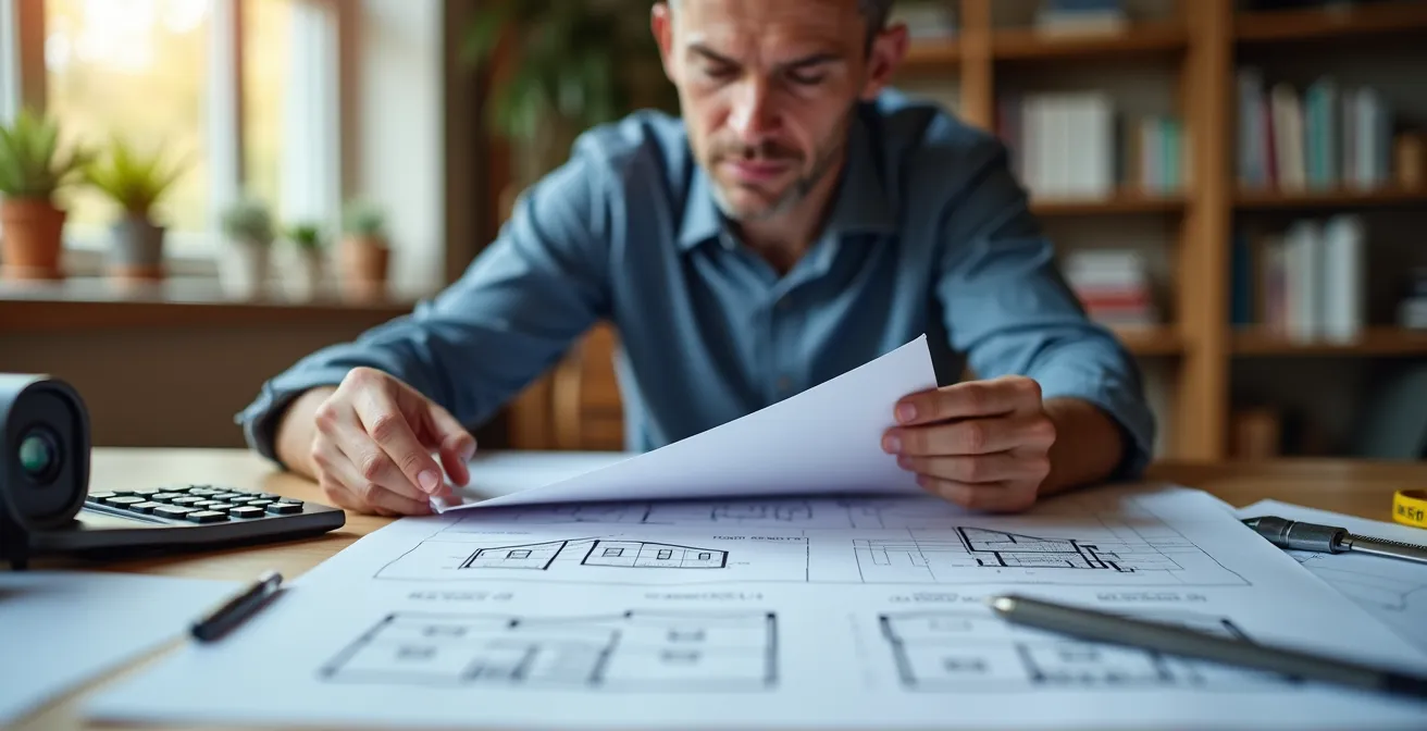Professionnel consultant des documents d'audit énergétique avec plans de maison