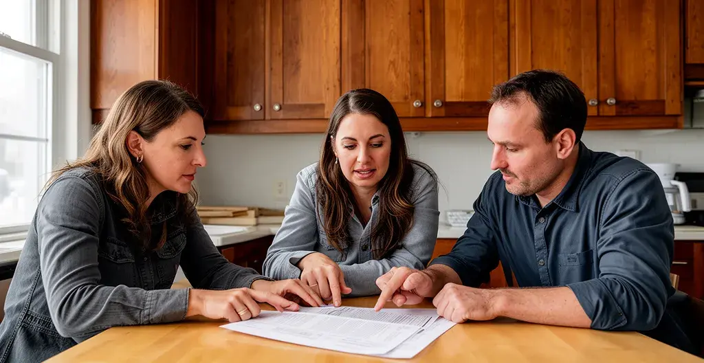 Couple d'acheteurs consultant un rapport d'inspection avec leur agent immobilier