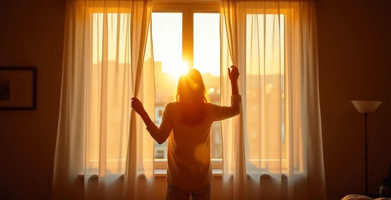 Fenêtre grande ouverte le matin avec lumière naturelle traversant une chambre