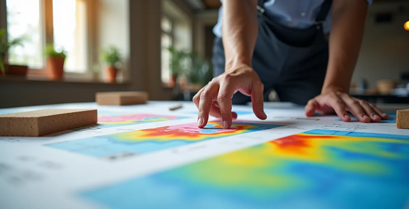 Architecte analysant des plans thermiques colorés sur une table de travail avec échantillons de matériaux