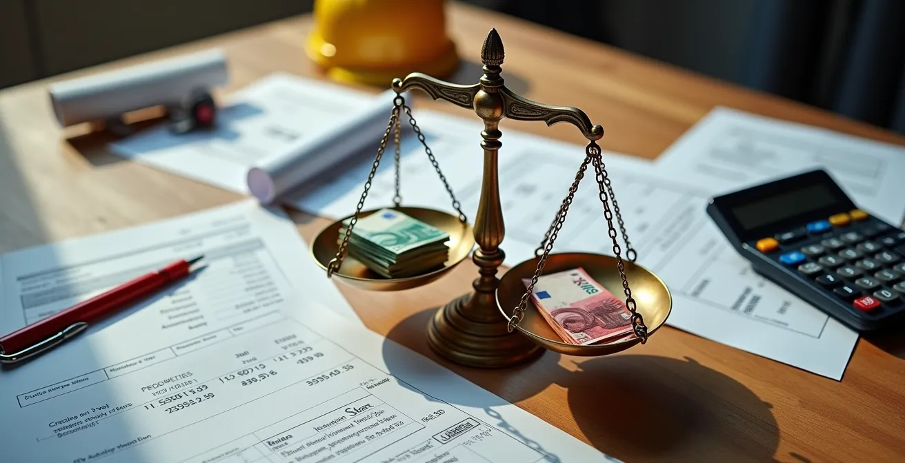 Schéma décisionnel avec documents de devis et calculatrice sur bureau