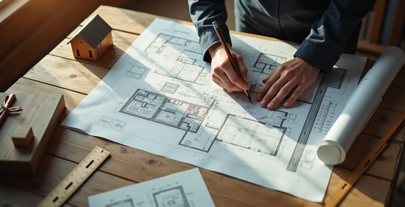 Vue aérienne d'un architecte travaillant sur les plans de rénovation d'une grange avec maquette