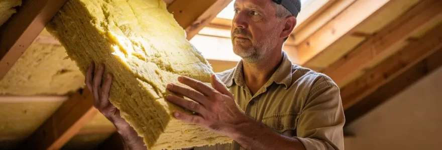 Technicien inspectant isolation combles maison provençale avec lampe frontale