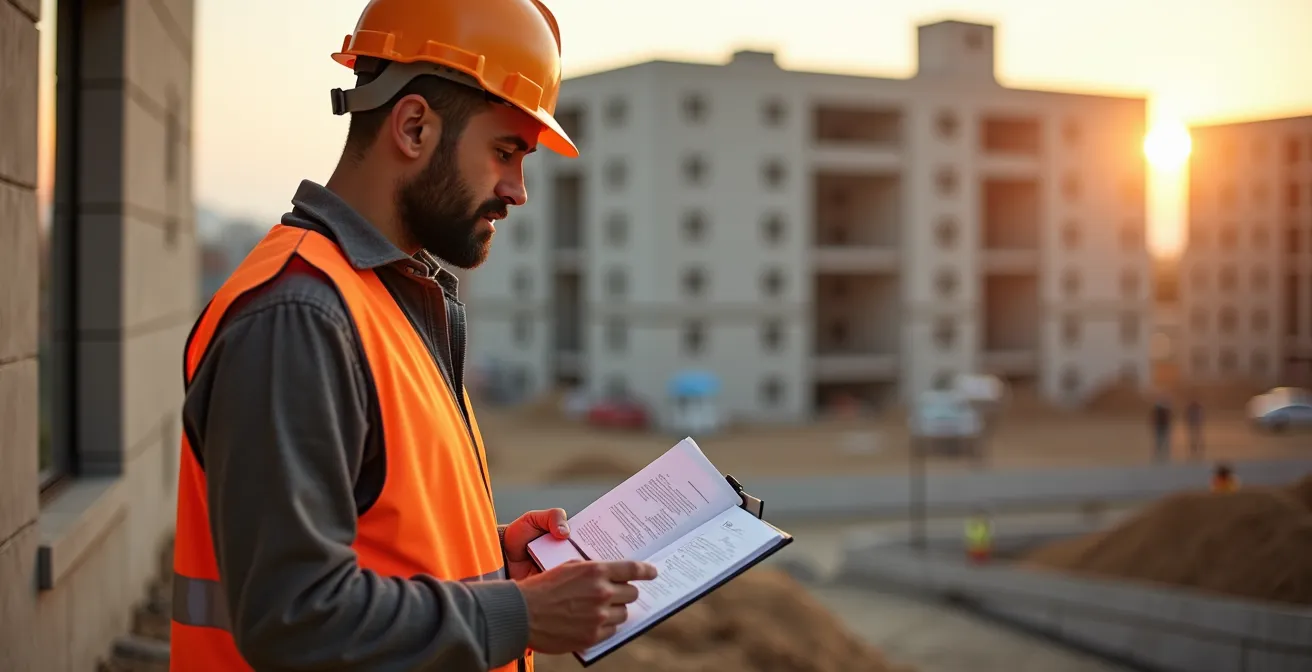 Expert en contrôle technique évaluant des matériaux innovants sur chantier