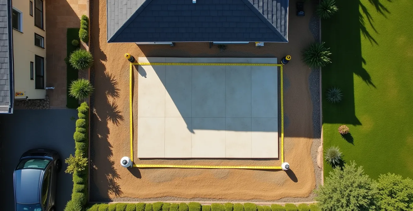 Vue aérienne d'une maison avec marquage au sol des limites d'emprise pour extension