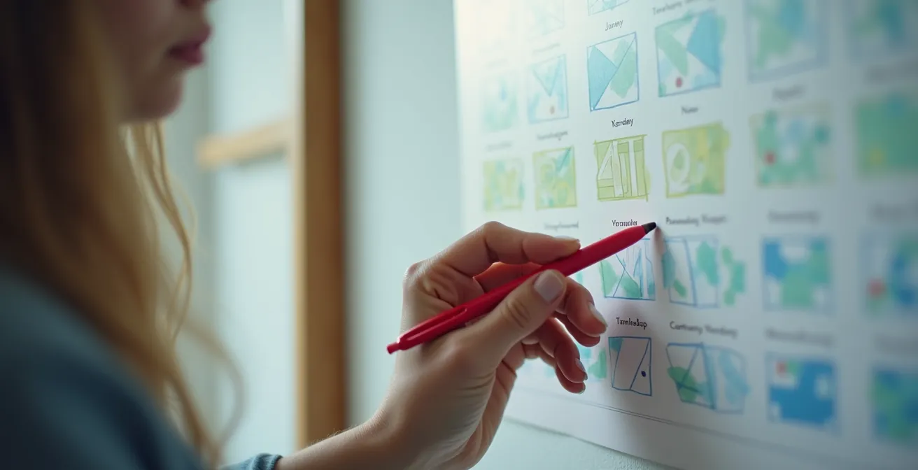 Calendrier mural avec marquage symbolique des 10 jours et main tenant un stylo