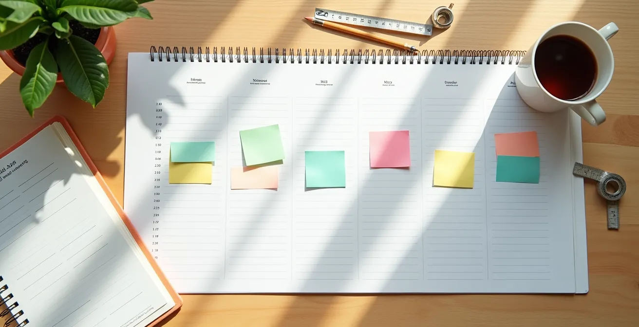 Vue plongeante sur un bureau avec calendrier, carnets et outils de planification dans une lumière naturelle douce