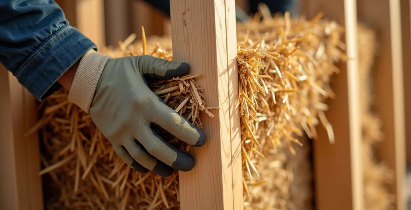 Chantier de construction avec ossature bois et isolation paille en cours de montage