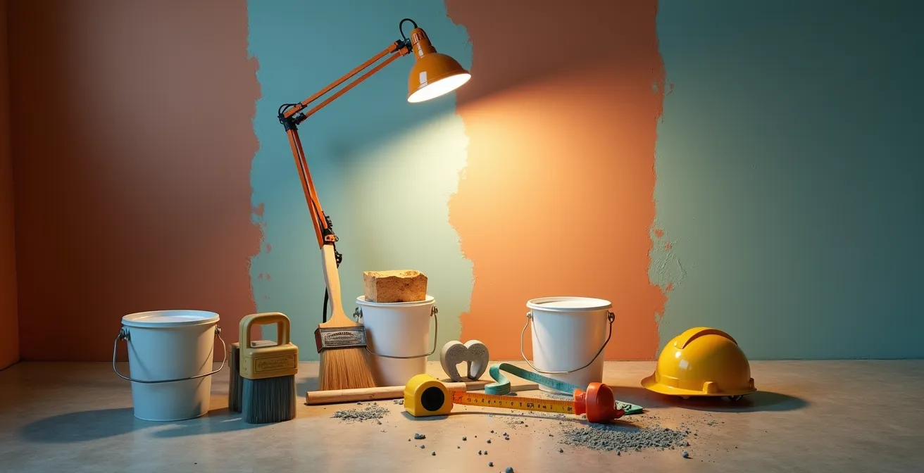 Chantier de rénovation avec outils et matériaux dans une pièce en travaux