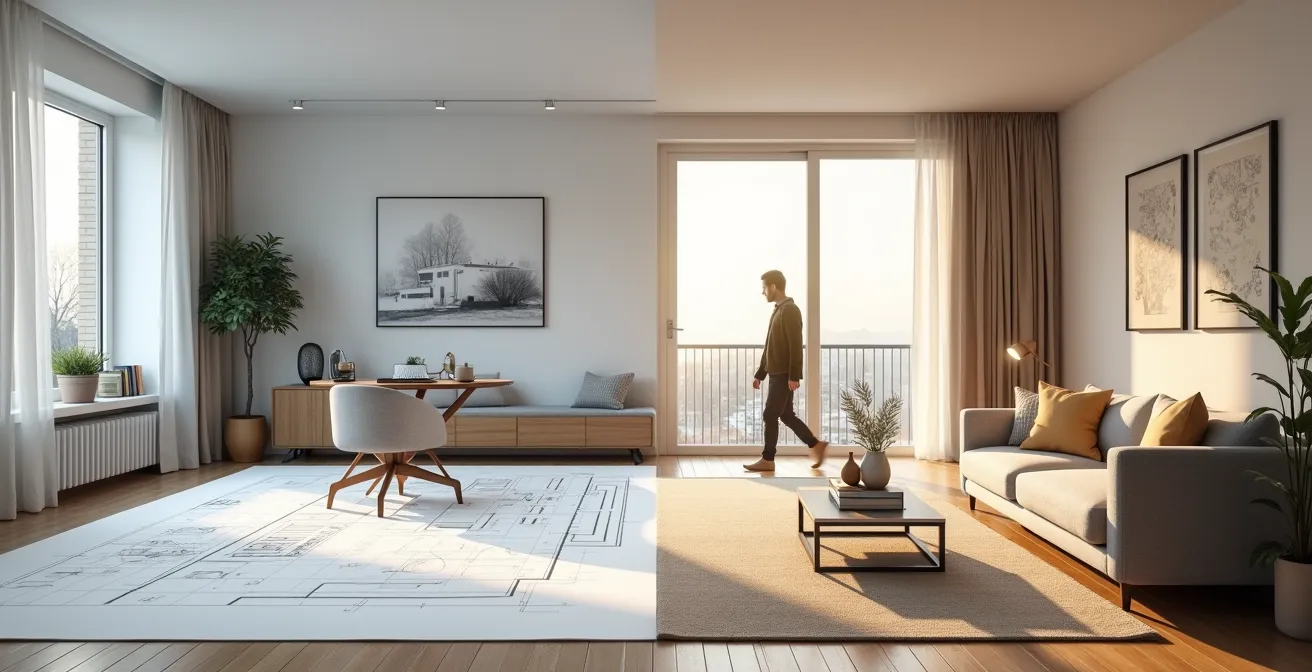 Comparaison côte à côte d'un plan 2D et d'une vue 3D immersive d'un salon moderne