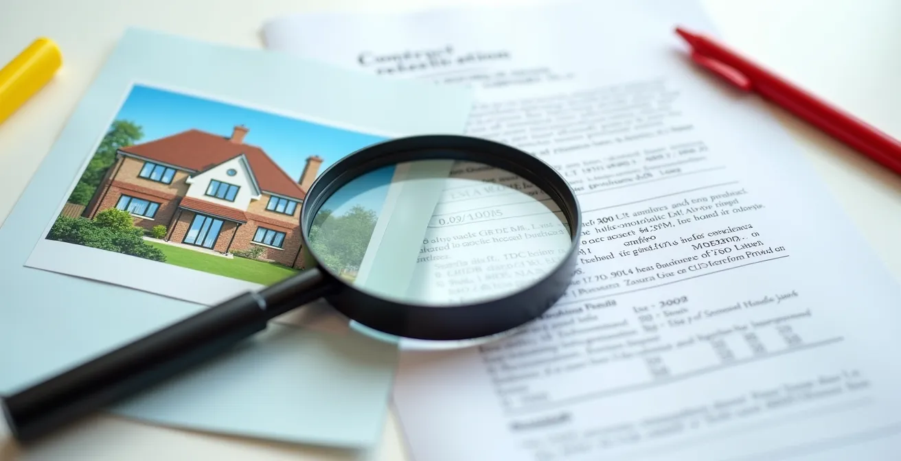 Table de travail avec plan commercial coloré d'un côté et document technique de l'autre, loupe posée entre les deux