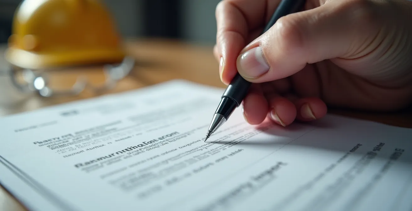 Gros plan sur des mains annotant un compte-rendu de réunion de chantier avec un stylo