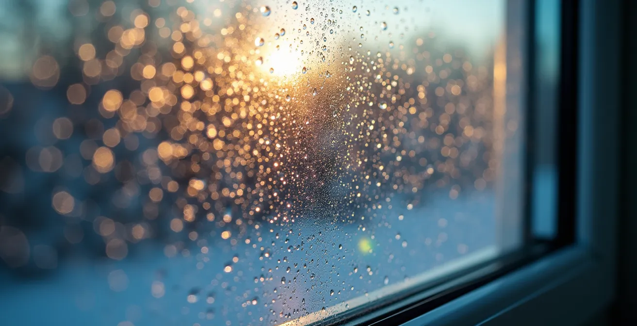 Gros plan sur une vitre de véranda avec condensation montrant la différence entre gouttelettes intérieures et extérieures