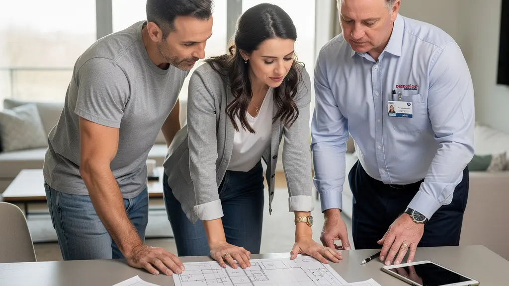 Acheteurs consultant un rapport d'inspection avec un professionnel