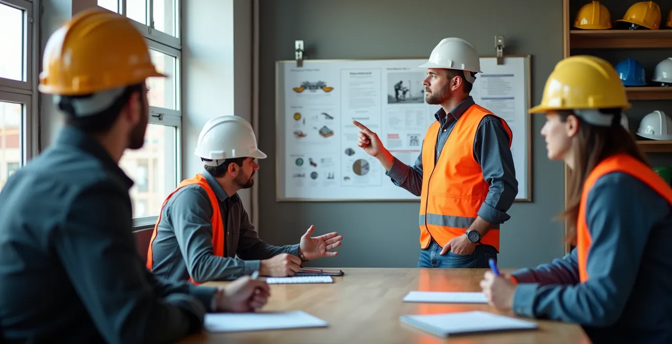 Coordonnateur SPS en réunion de sécurité sur un chantier avec plans et équipements de protection