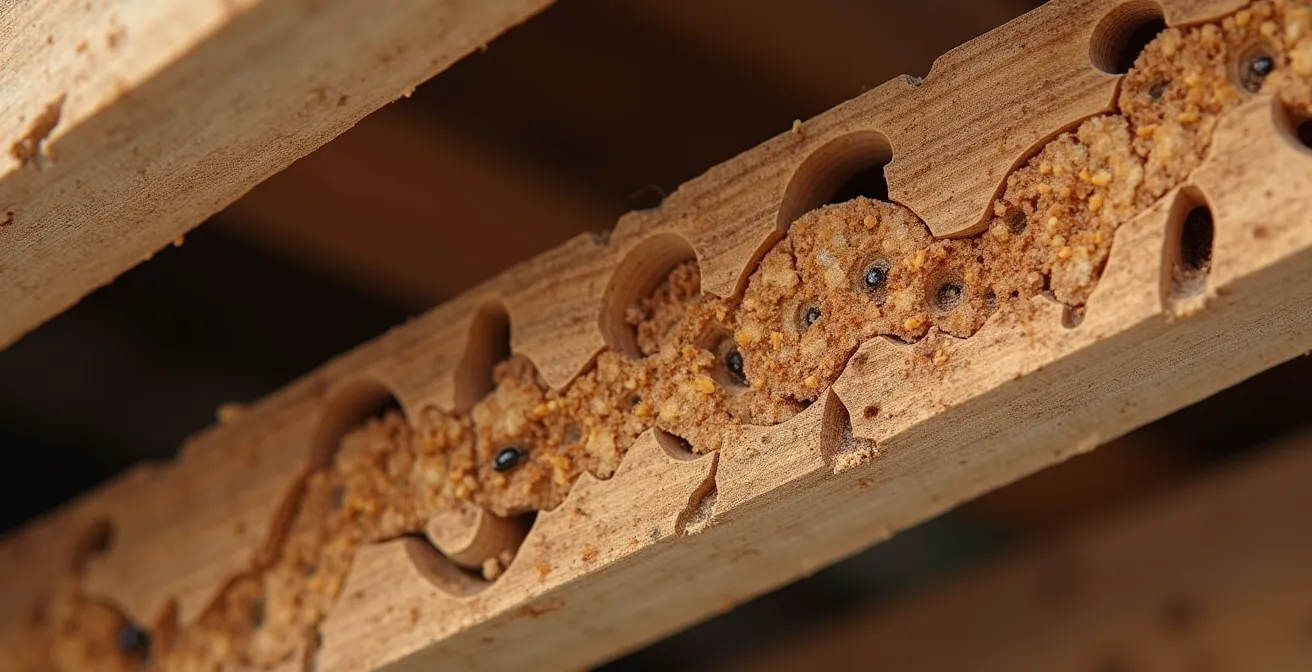 Gros plan macro sur des galeries de termites dans une poutre en bois avec cordonnets visibles