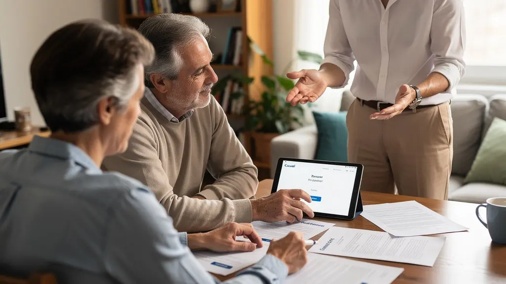 Couple propriétaires consultant documents avec conseiller rénovation énergétique salon maison