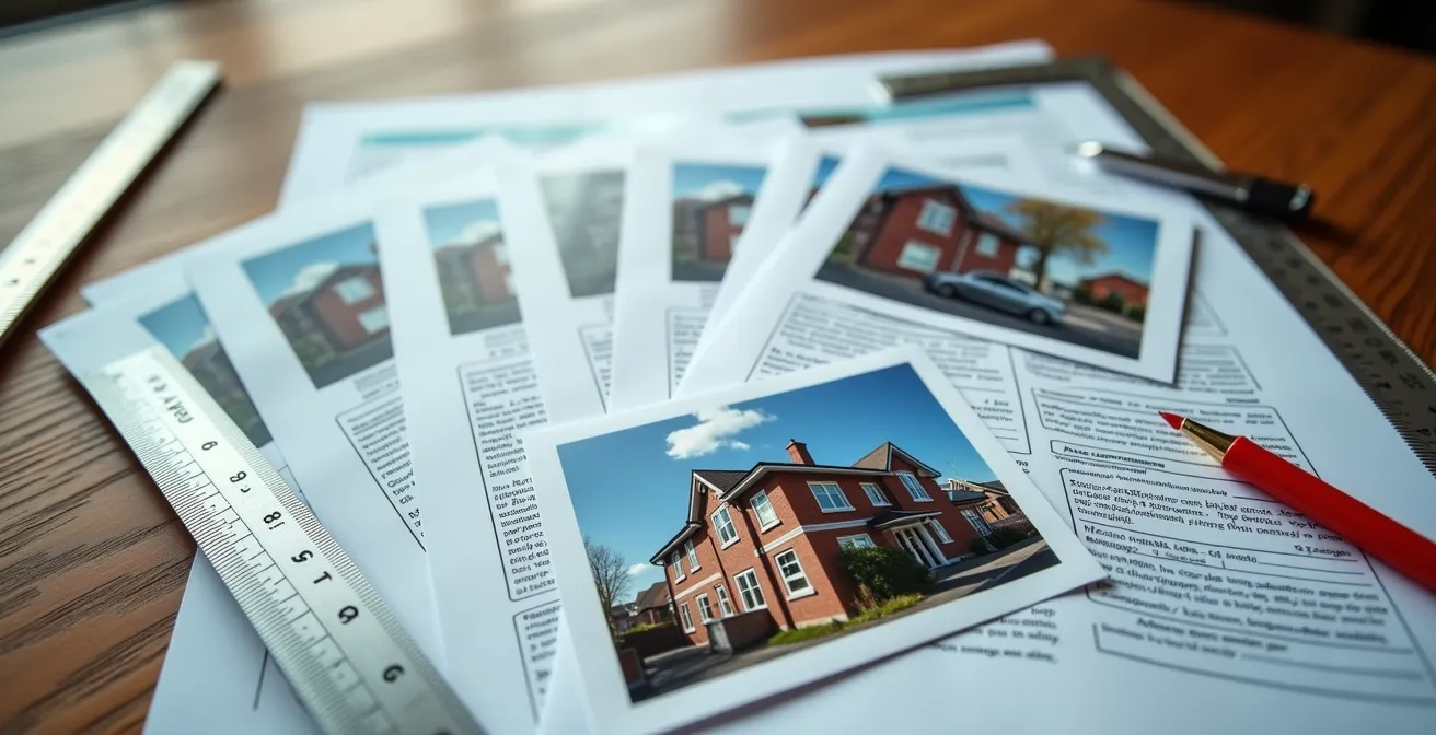 Bureau avec dossier de déclaration de sinistre, photos de fissures et documents d'expertise soigneusement organisés