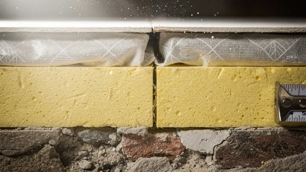 Gros plan macro sur les couches superposées de matériaux d'isolation thermique dans une paroi, révélant la laine minérale et le pare-vapeur