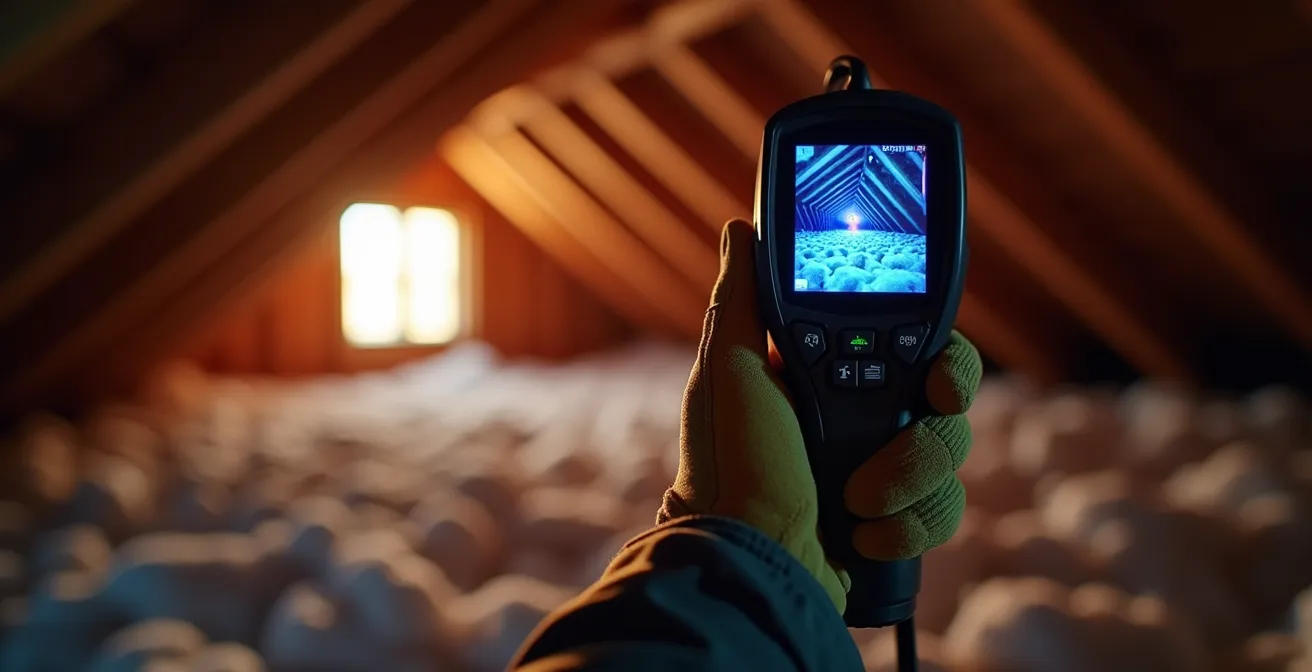 Main tenant une caméra thermique dans des combles avec visualisation colorée des zones froides