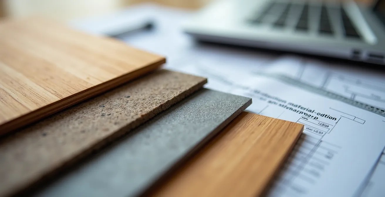 Vue rapprochée de documents de devis travaux avec calculatrice et échantillons de matériaux de construction