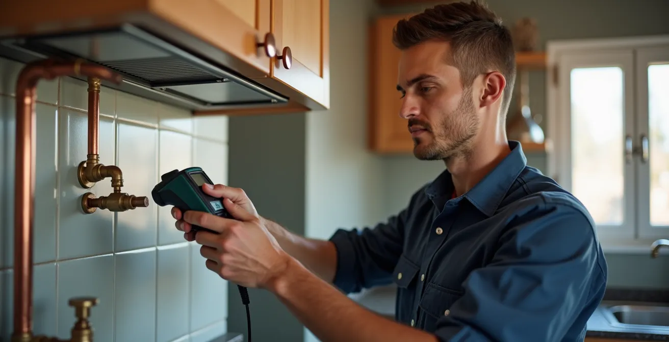 Technicien vérifiant une installation de gaz avec appareil de mesure professionnel