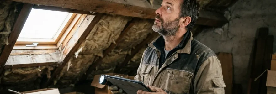 Diagnostiqueur immobilier inspectant l'isolation des combles avec tablette pour audit énergétique