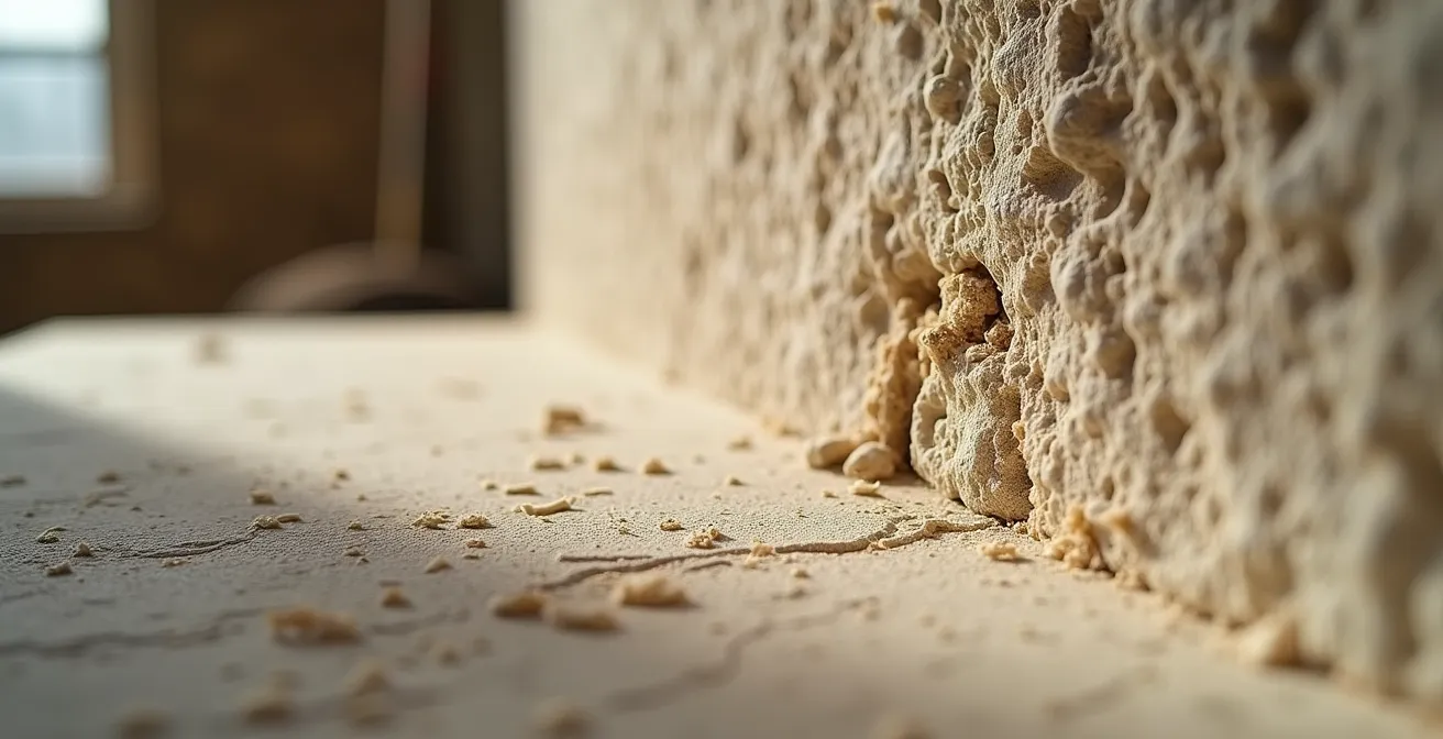 Application d'un enduit chaux-chanvre sur mur en pierre montrant les différentes couches et la texture fibreuse