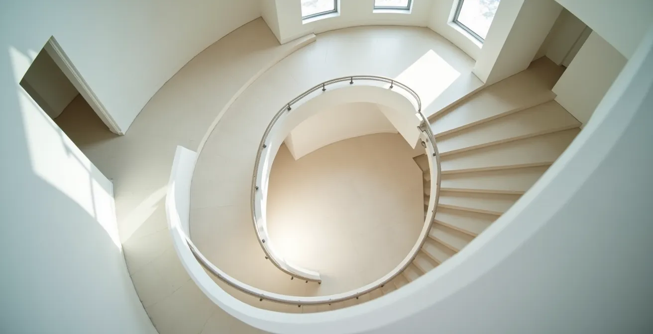 Vue plongeante d'un escalier quart tournant optimisant l'espace dans une maison