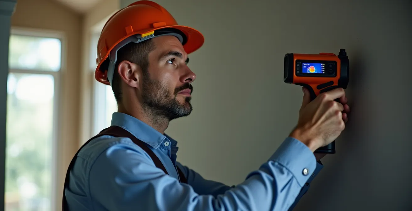 Expert en bâtiment utilisant une caméra thermique pour détecter les défauts cachés