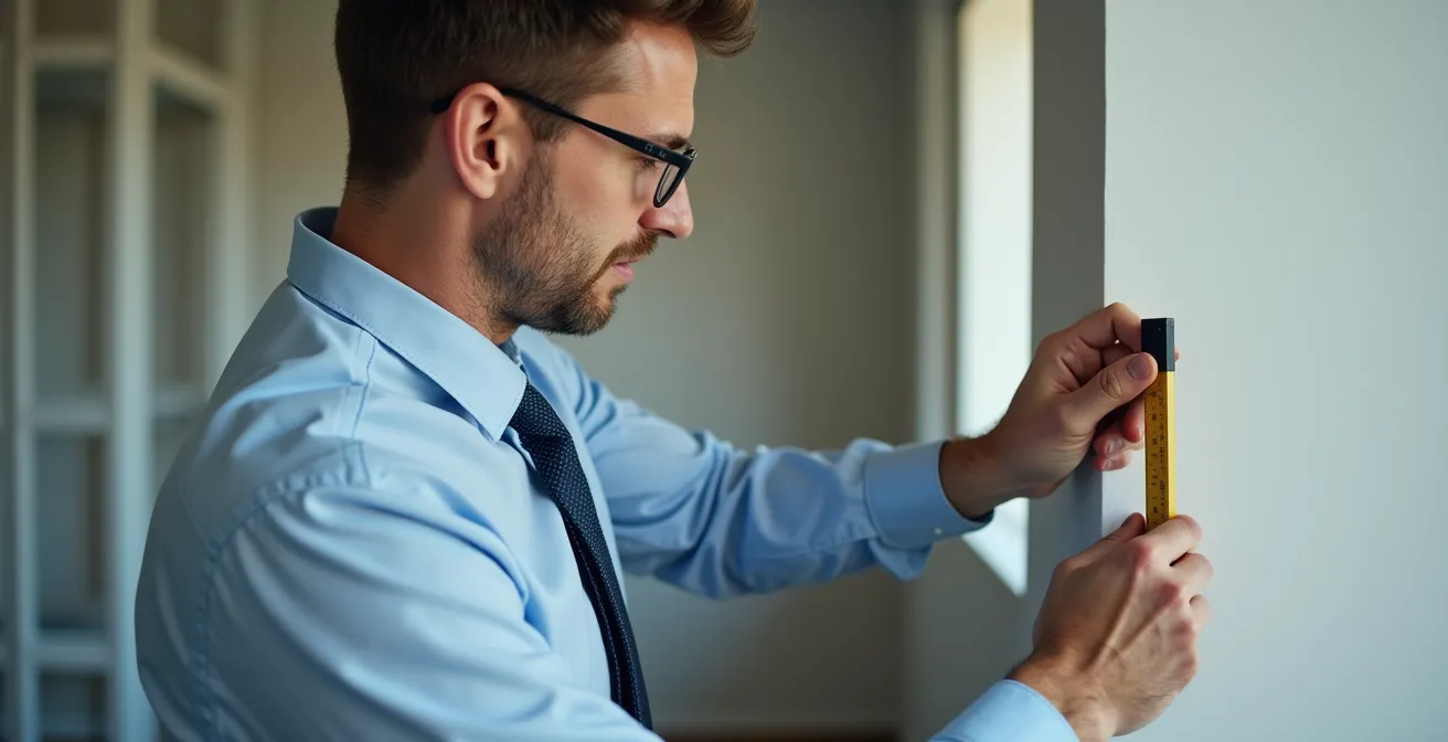 Expert judiciaire examinant des documents techniques lors d'une expertise immobilière