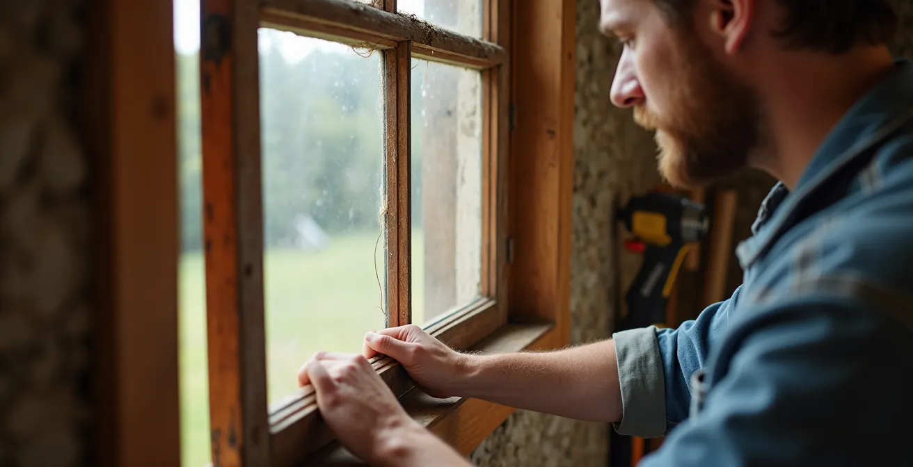 Fenêtres anciennes restaurées installées dans un mur en matériaux biosourcés avec détails de montage