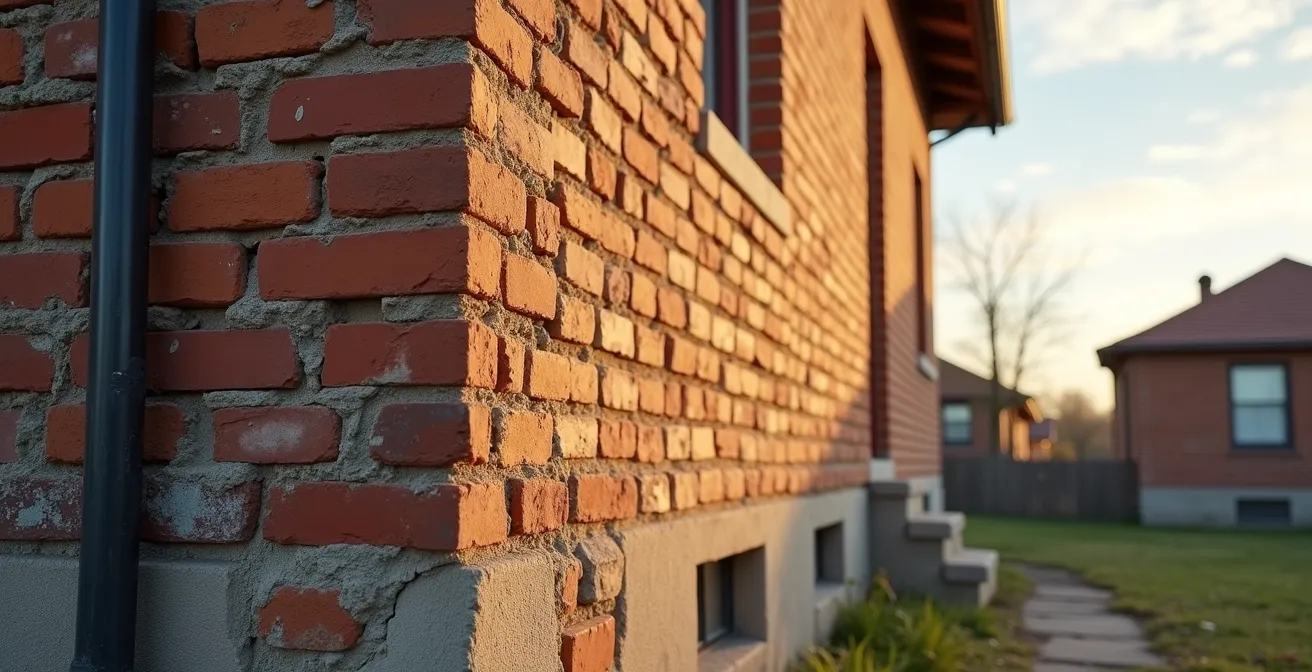 Vue large d'une fissure en escalier sur un mur en brique d'une maison ancienne