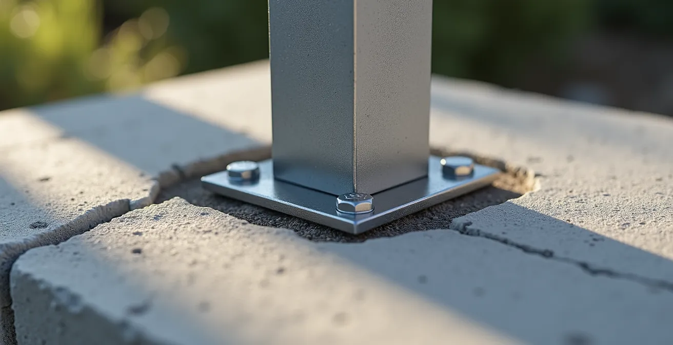 Système de fixation de pergola au sol avec platines et scellement chimique