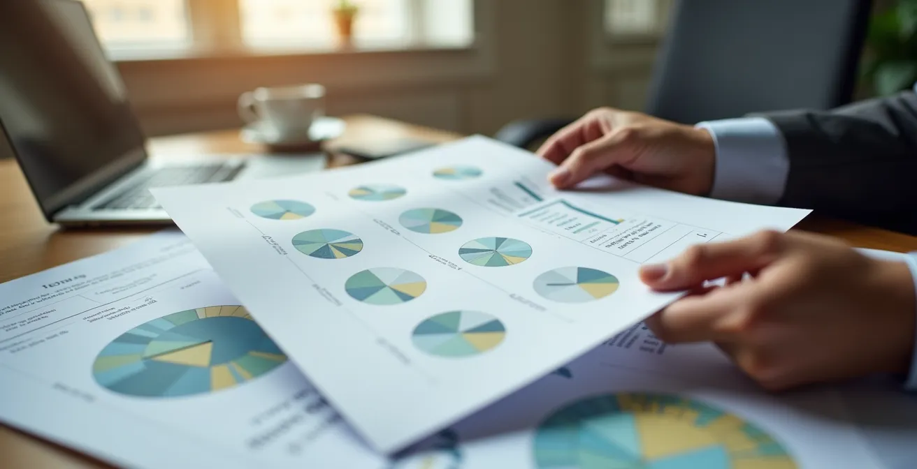 Main tenant un document avec graphiques et calculs de pourcentages de vétusté