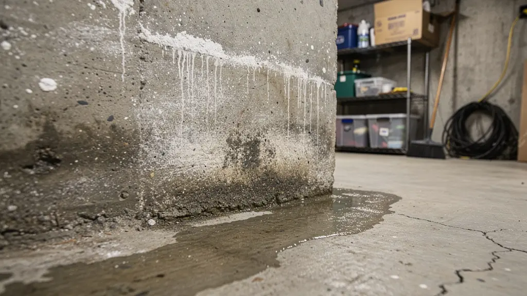 Traces d'infiltration d'eau sur un mur de fondation en sous-sol québécois