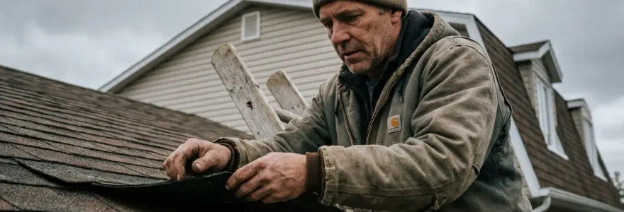 Inspecteur en bâtiment examinant une toiture de maison québécoise typique