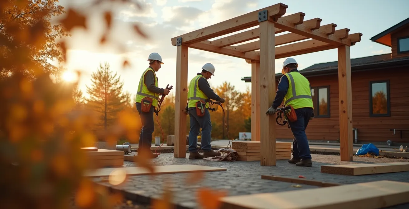 Installation d'une pergola bioclimatique en automne avec équipe de pose