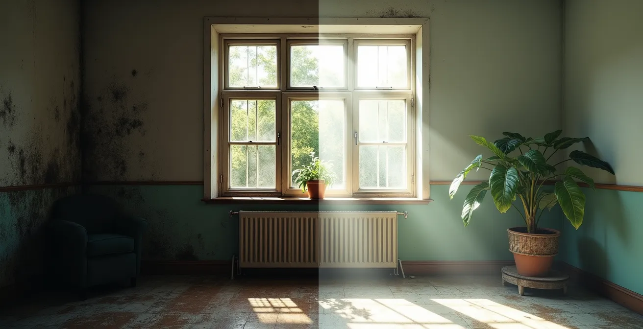 Coupe d'un mur isolé montrant la circulation d'air avec VMC double flux