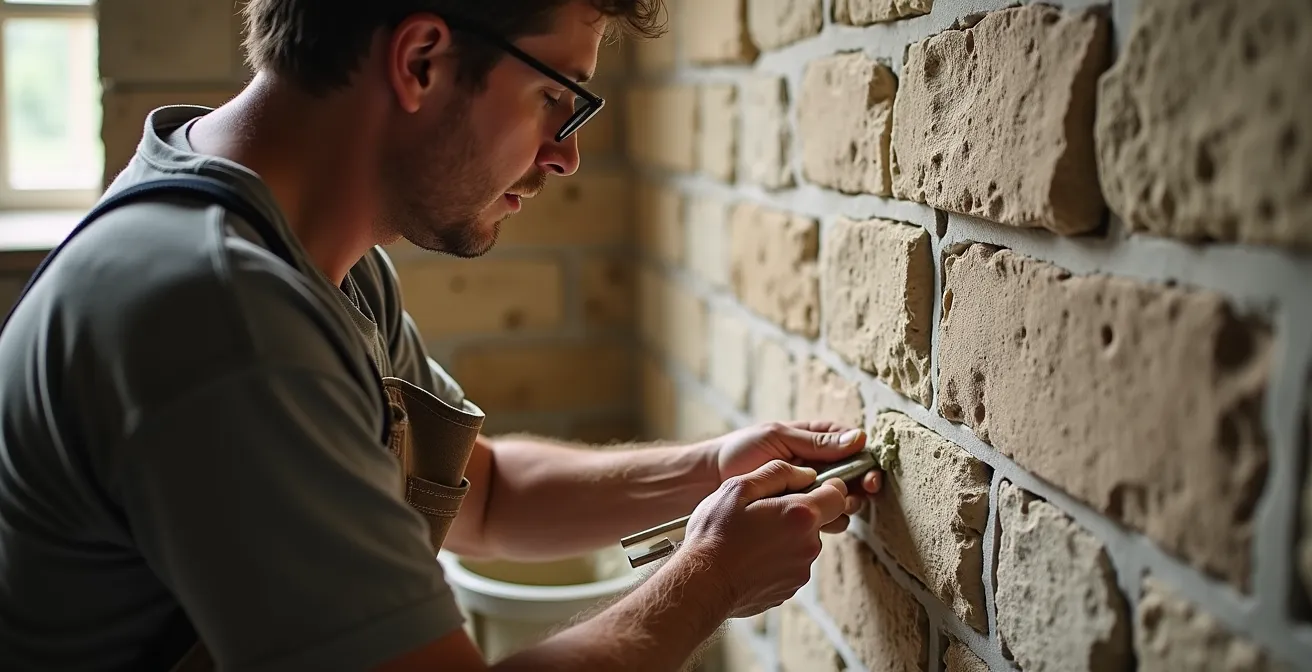 Maçon appliquant un joint à la chaux sur un mur en pierre calcaire tendre