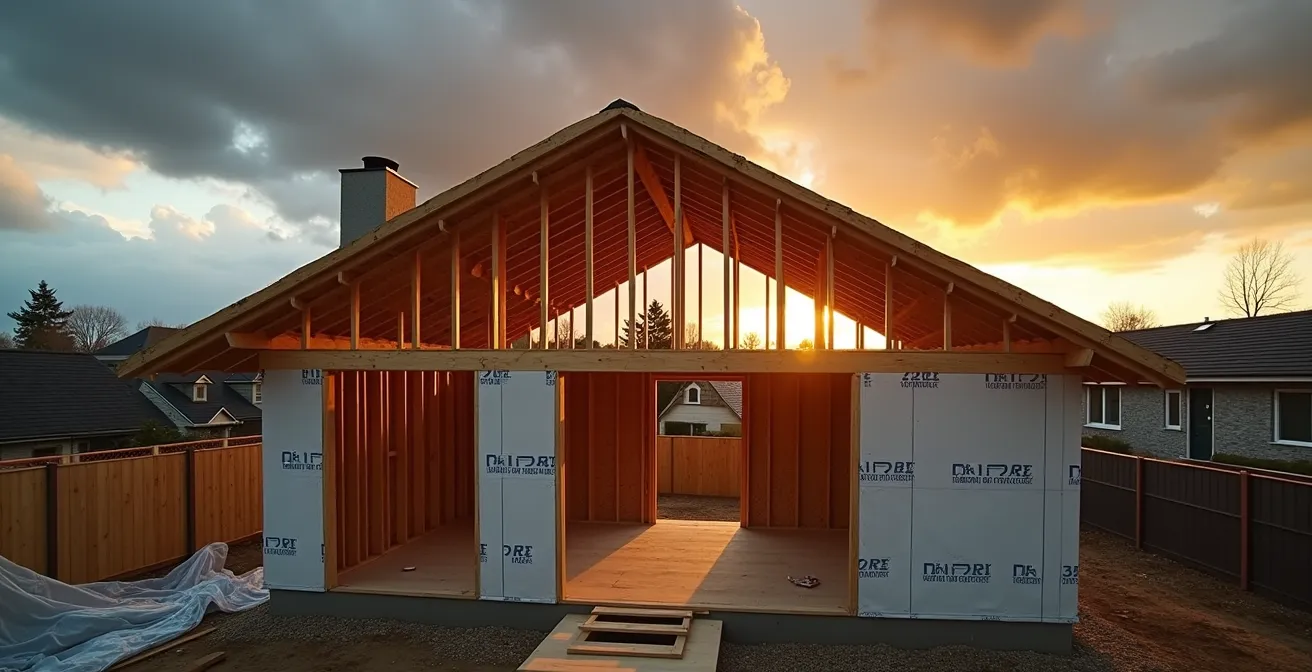 Chantier de maison avec charpente visible mais toiture incomplète, montrant les risques d'intempéries