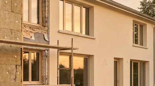 Vue extérieure d'une maison en cours de rénovation énergétique avec des matériaux d'isolation visibles sur la façade, symbolisant le gain de classes DPE avant la mise en vente
