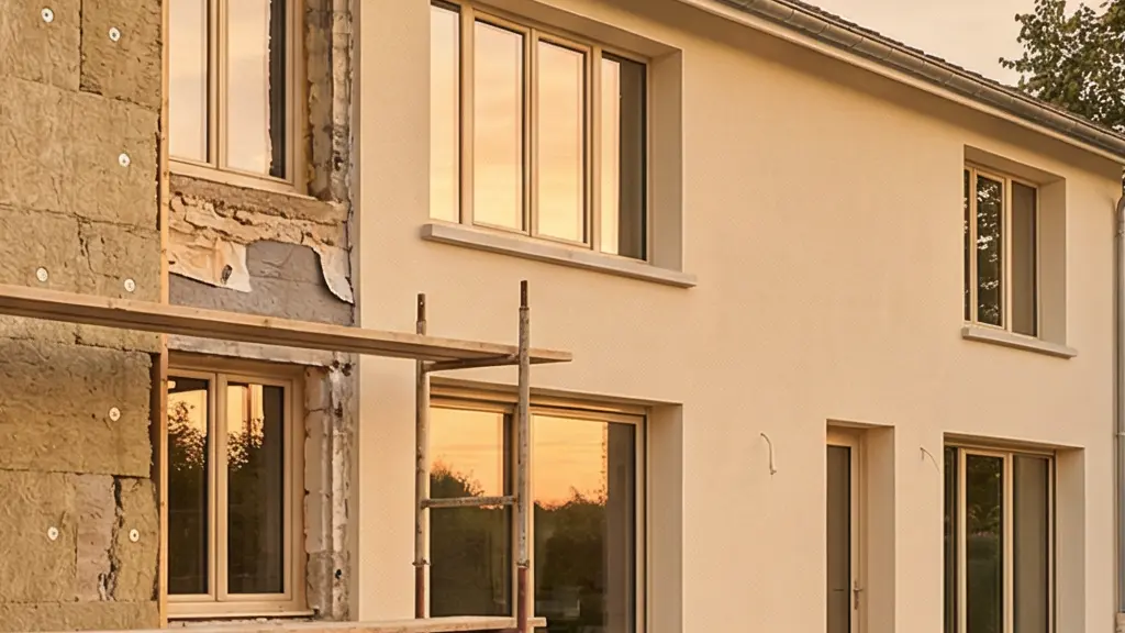 Vue extérieure d'une maison en cours de rénovation énergétique avec des matériaux d'isolation visibles sur la façade, symbolisant le gain de classes DPE avant la mise en vente