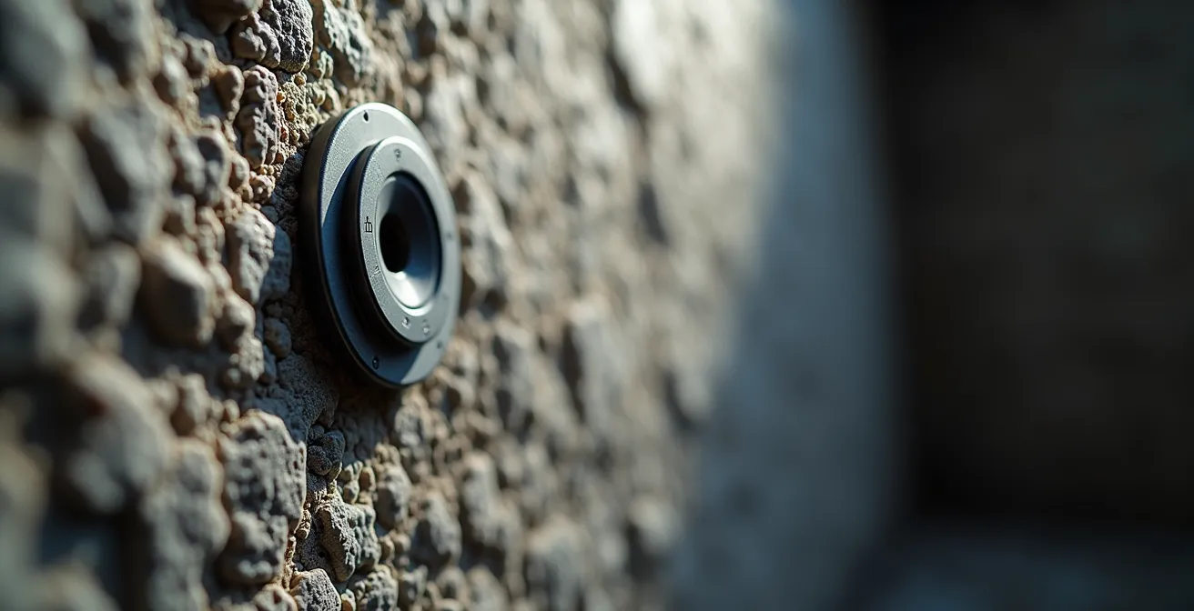 Sous-sol avec dosimètre radon installé sur un mur en pierre granitique