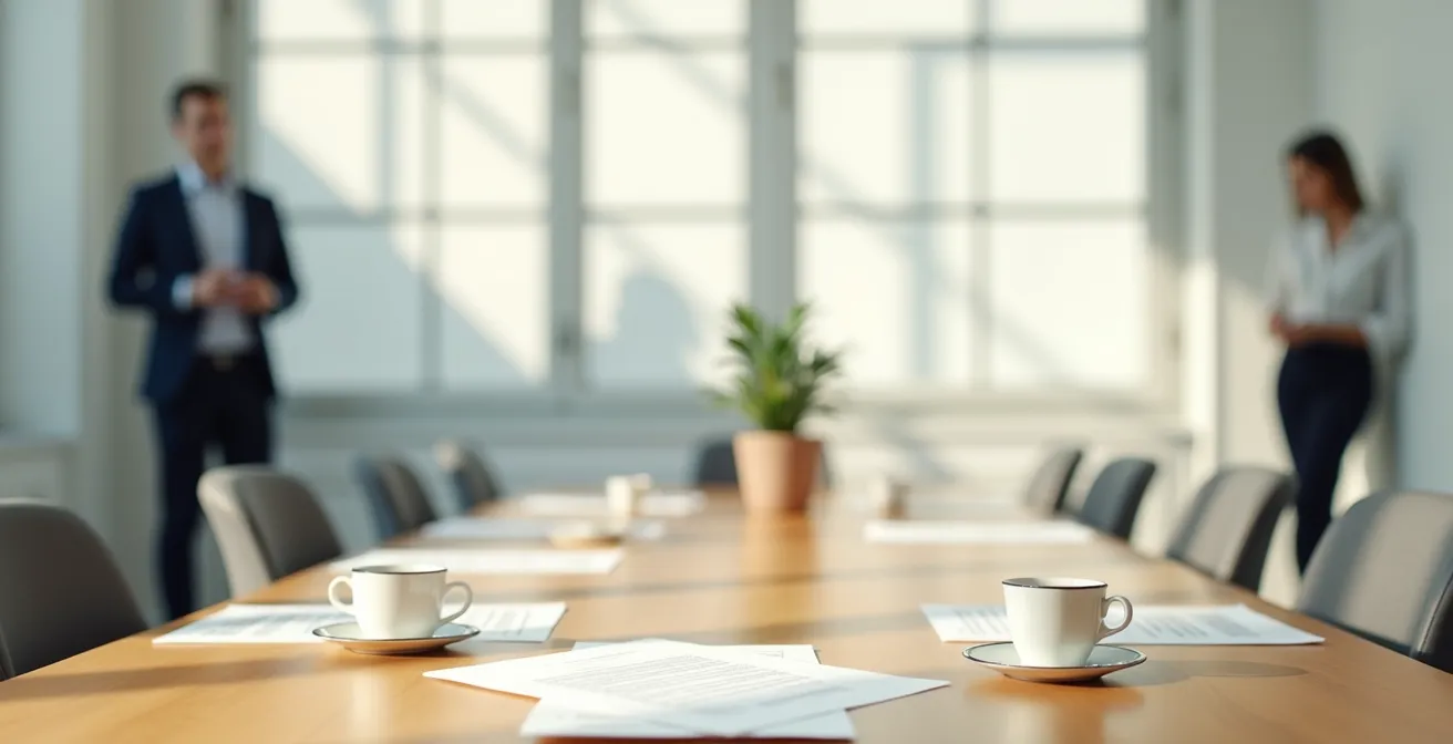 Table de négociation avec documents immobiliers et atmosphère professionnelle