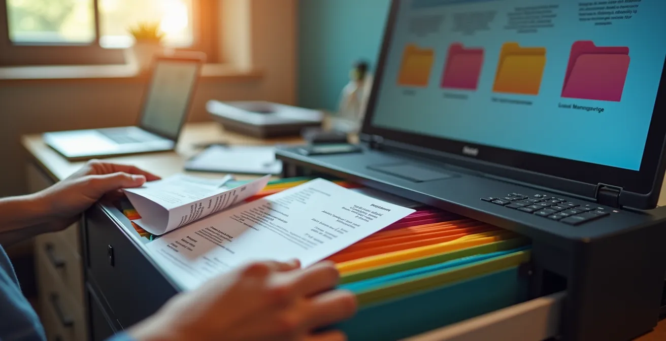 Bureau avec classeurs ouverts, scanner et ordinateur affichant un système de gestion documentaire