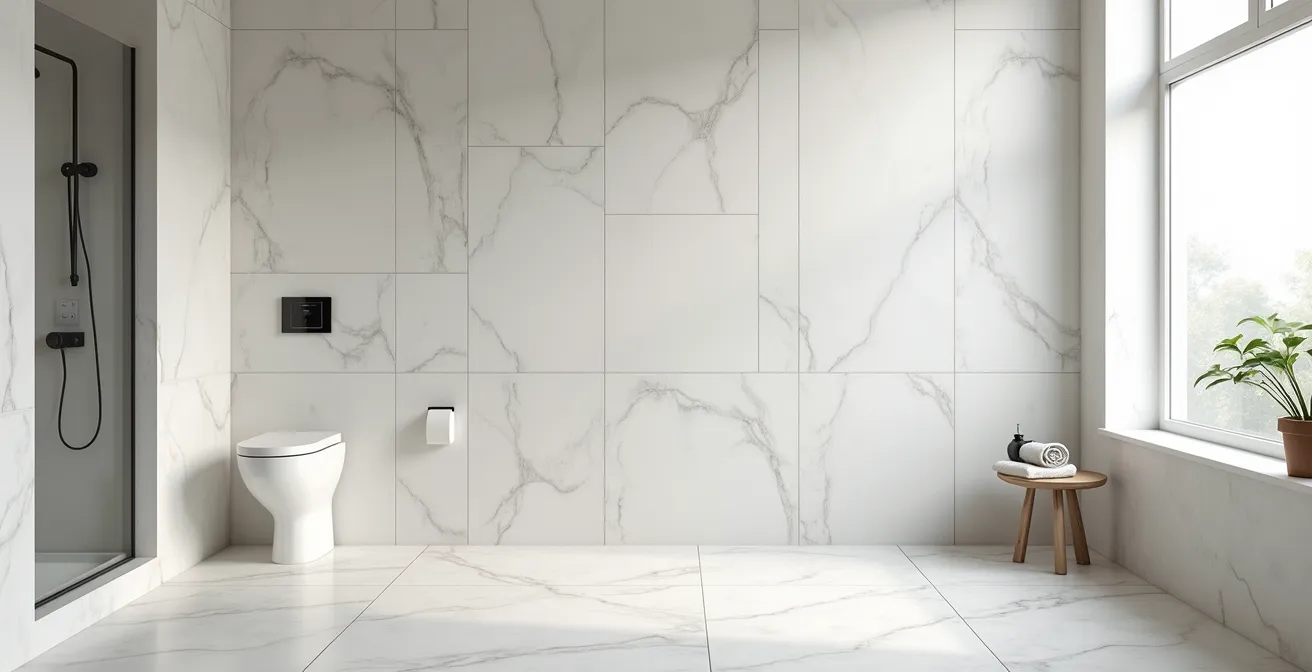 Vue large d'une salle de bain moderne montrant l'importance de l'étanchéité derrière les murs