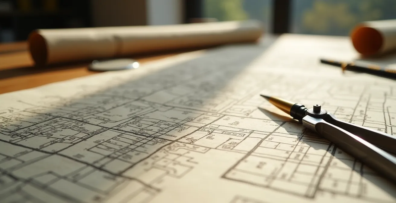 Plans d'urbanisme étalés sur bureau d'architecte avec vue aérienne floue