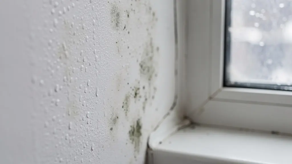 Trace humidité et moisissure sur coin mur intérieur maison mal ventilée